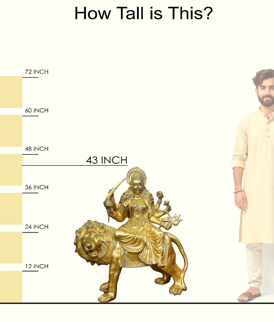 Handcrafted brass statue of Goddess Durga riding her majestic lion, holding multiple weapons including a sword and trident. Best for VIP Gift, best for big premium gift, best for your temple. India's Large Puja Accessories Brand - Satvikstore.in
