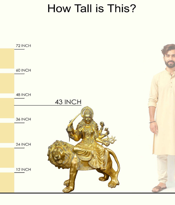Handcrafted brass statue of Goddess Durga riding her majestic lion, holding multiple weapons including a sword and trident. Best for VIP Gift, best for big premium gift, best for your temple. India's Large Puja Accessories Brand - Satvikstore.in