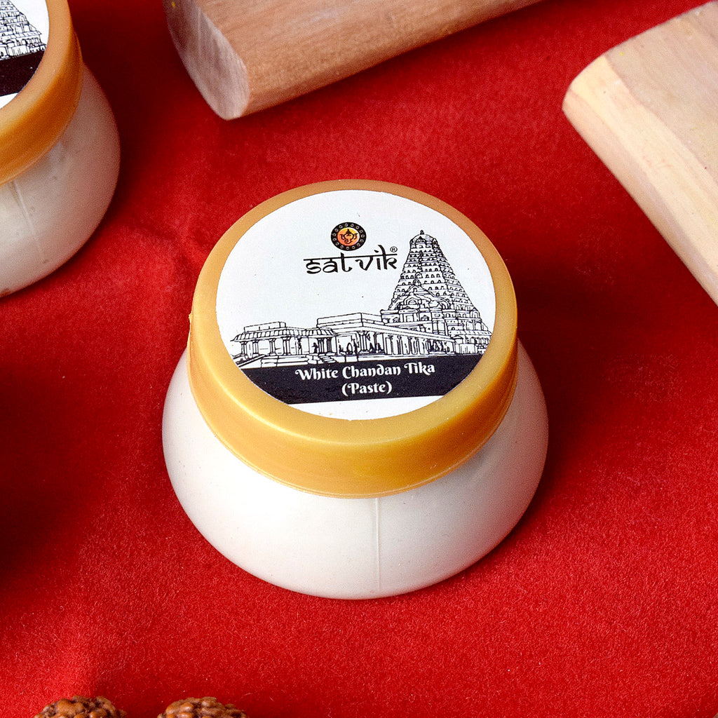 White Chandan or Gopi Chandan Tika Paste (Safed Chandan Tilak) is a sacred offering used in Hindu rituals and prayers. It symbolizes purity and devotion, often applied to the forehead during pooja for spiritual focus and blessings – India’s Largest Pooja Accessories Brand – www.satvikstore.in