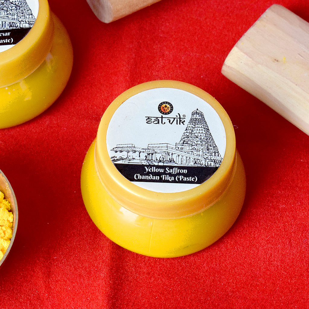 Yellow Saffron Chandan Tika Paste (Chandan Tilak) is ideal for daily pooja rituals, spiritual gatherings, and temple use. Known for its calming aroma and sacred symbolism, it brings purity and devotion to every religious ceremony – India’s Largest Pooja Accessories Brand – www.satvikstore.in