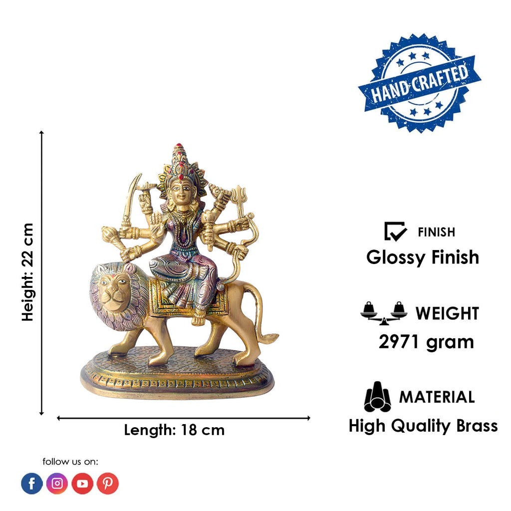  Embrace the powerful energy of Maa Durga with this 8.5-inch Brass 8-Armed Durga Idol, beautifully depicted riding her mighty lion. This meticulously crafted statue showcases Maa Durga in her most majestic form, symbolizing strength, courage, and divine protection. 