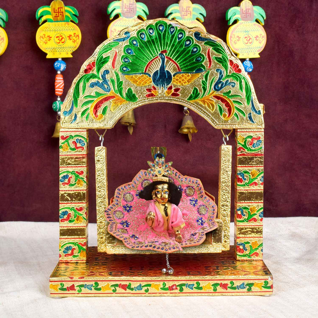 Golden Meenakari Jhula – Arched Crown Peacock Frame for Laddu Gopal – India’s Largest Pooja Accessories Brand – www.satvikstore.in


