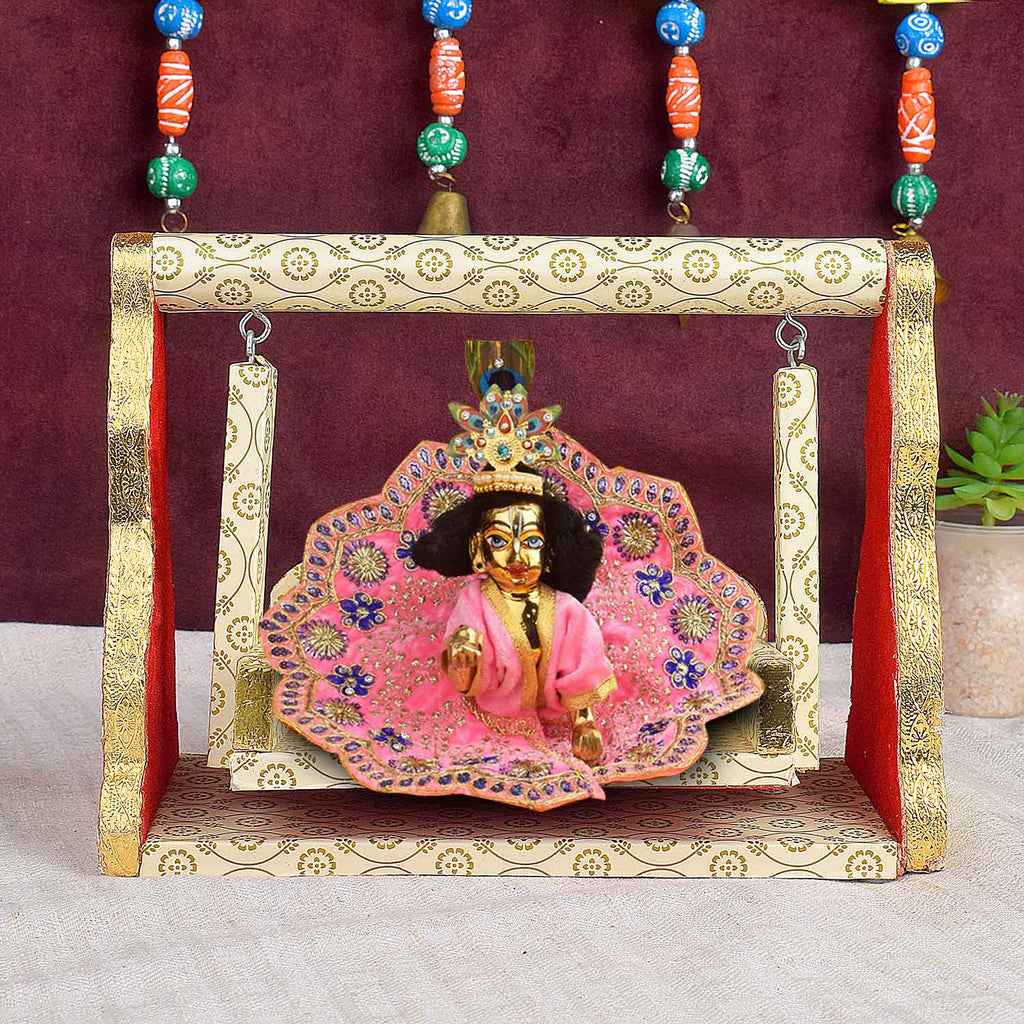 Printed Design Jhula – White & Gold Wooden Swing for Laddu Gopal – India’s Largest Pooja Accessories Brand – www.satvikstore.in