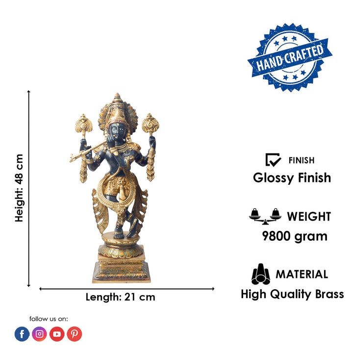 Large Brass Idol of 19 Inch Brass Chola Krishna Sculpture Playing the Flute. Bring home the divine charm of Lord Krishna with this exquisite 19-inch Brass Chola Krishna Sculpture. Expertly crafted, this statue captures Lord Krishna in his iconic pose, gracefully playing the flute.