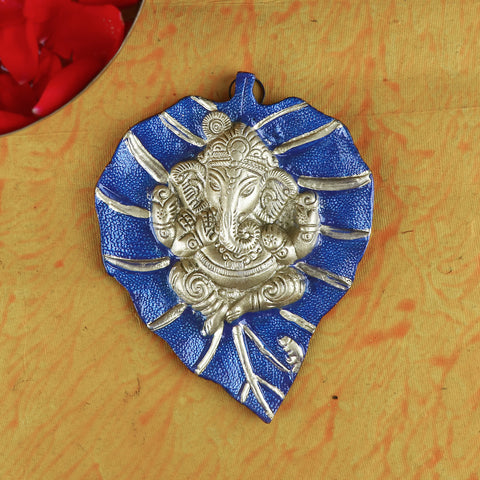 Blue wall hanging featuring Lord Ganesha seated on a detailed leaf (patta) design, ideal for spiritual home decor and gifting. India’s Largest Pooja Accessories Brand – www.satvikstore.in
