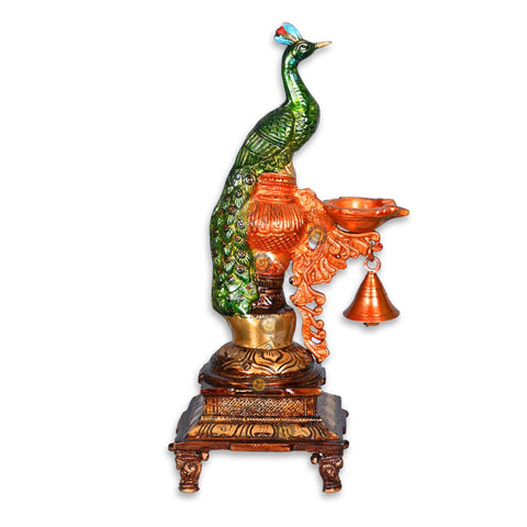 Brass decorative peacock idol with intricate feather detailing, ideal for home décor, pooja rooms, or as a spiritual gift item. India’s Largest Pooja Accessories Brand – www.satvikstore.in