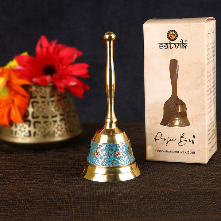 Enthralling brass puja bell with traditional design and fine detailing, perfect for daily aarti, temple rituals, and spiritual ceremonies. India’s Largest Pooja Accessories Brand – www.satvikstore.in