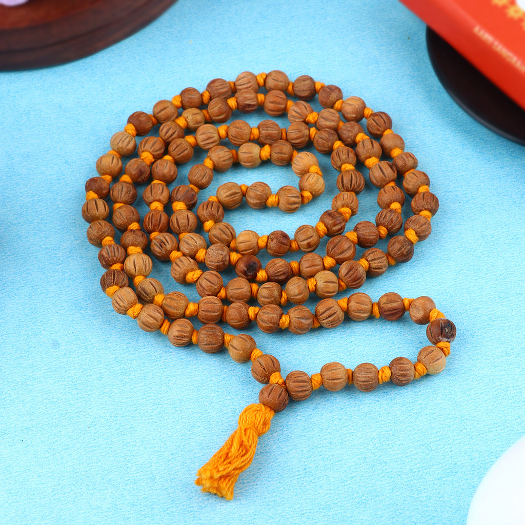 Regular Cut Design Sandalwood (Chandan) Jap Mala featuring uniquely carved fragrant beads, perfect for spiritual chanting, meditation, and daily prayer. India’s Premium Jap Mala Store- www.satvikstore.in
