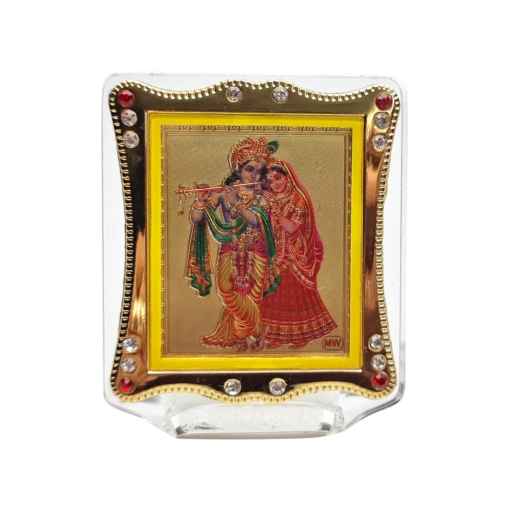 Radha Krishna frame for car Dashboard featuring a beautifully crafted depiction of the divine couple in an enchanting pose, symbolizing love, devotion, and divine union