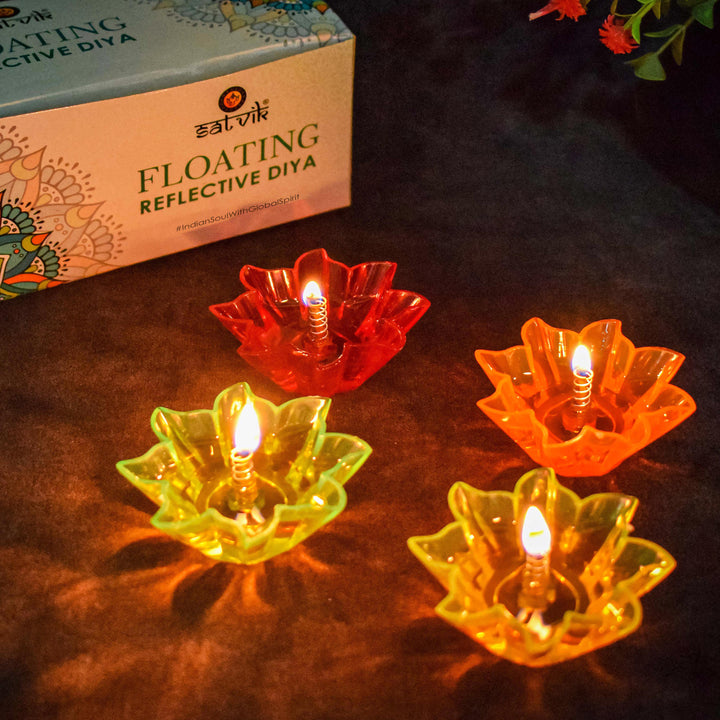 A set of 12 reflective floating Diwali diyas, featuring intricate designs and a reflective surface that adds elegance to your Diwali celebrations. India’s Largest Pooja Accessories Brand – www.satvikstore.in